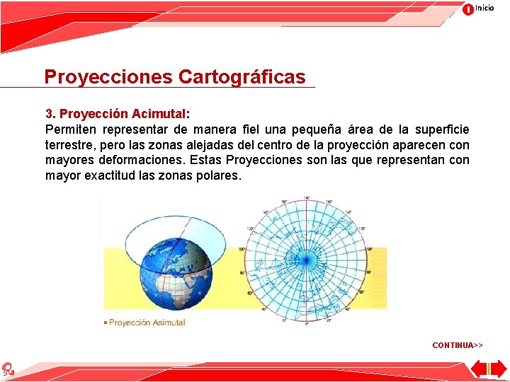 Inicio Proyecciones Cartográficas 3. Proyección Acimutal: Permiten representar de manera fiel una pequeña área