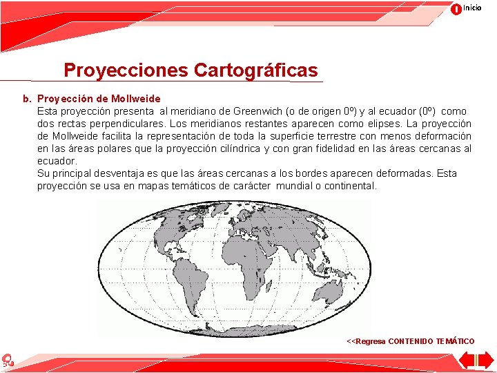 Inicio Proyecciones Cartográficas b. Proyección de Mollweide Esta proyección presenta al meridiano de Greenwich