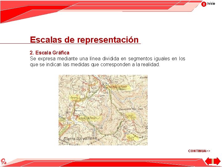 Inicio Escalas de representación 2. Escala Gráfica Se expresa mediante una línea dividida en