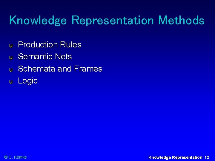 Knowledge Representation Methods u u Production Rules Semantic Nets Schemata and Frames Logic ©