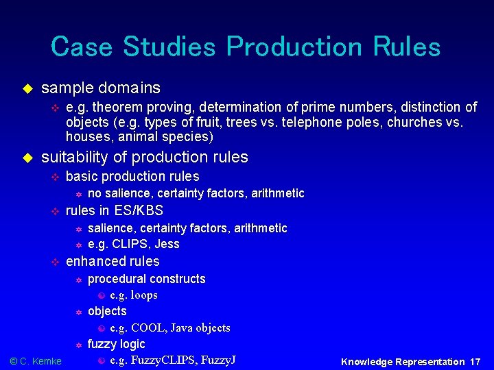 Case Studies Production Rules sample domains e. g. theorem proving, determination of prime numbers,