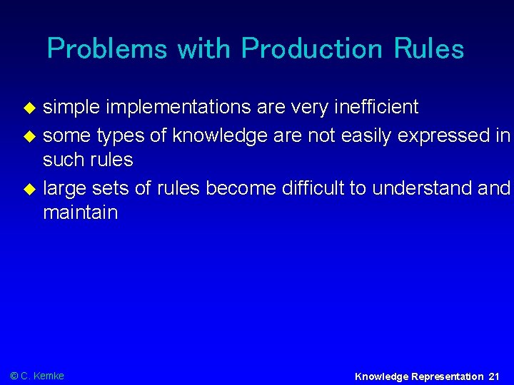 Problems with Production Rules simplementations are very inefficient some types of knowledge are not