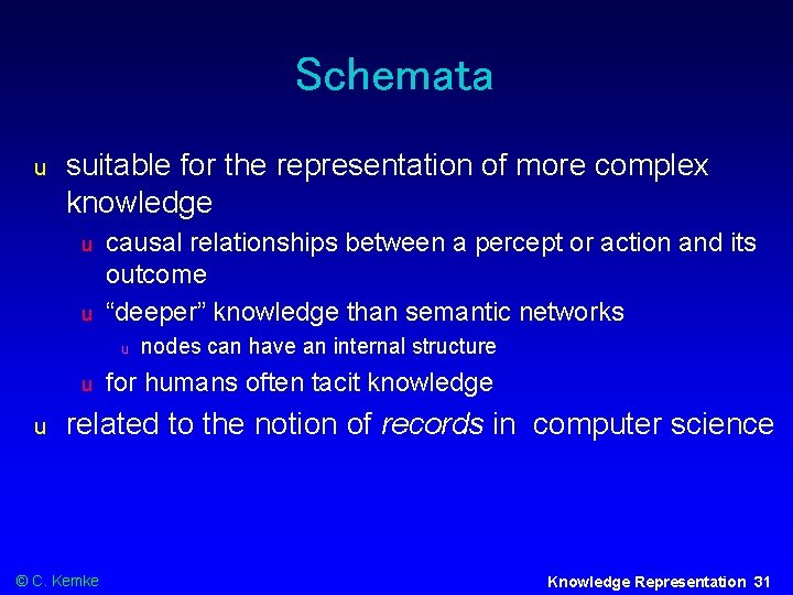 Schemata u suitable for the representation of more complex knowledge u u causal relationships