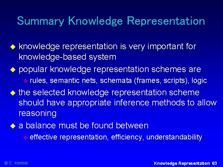 Summary Knowledge Representation knowledge representation is very important for knowledge-based system popular knowledge representation