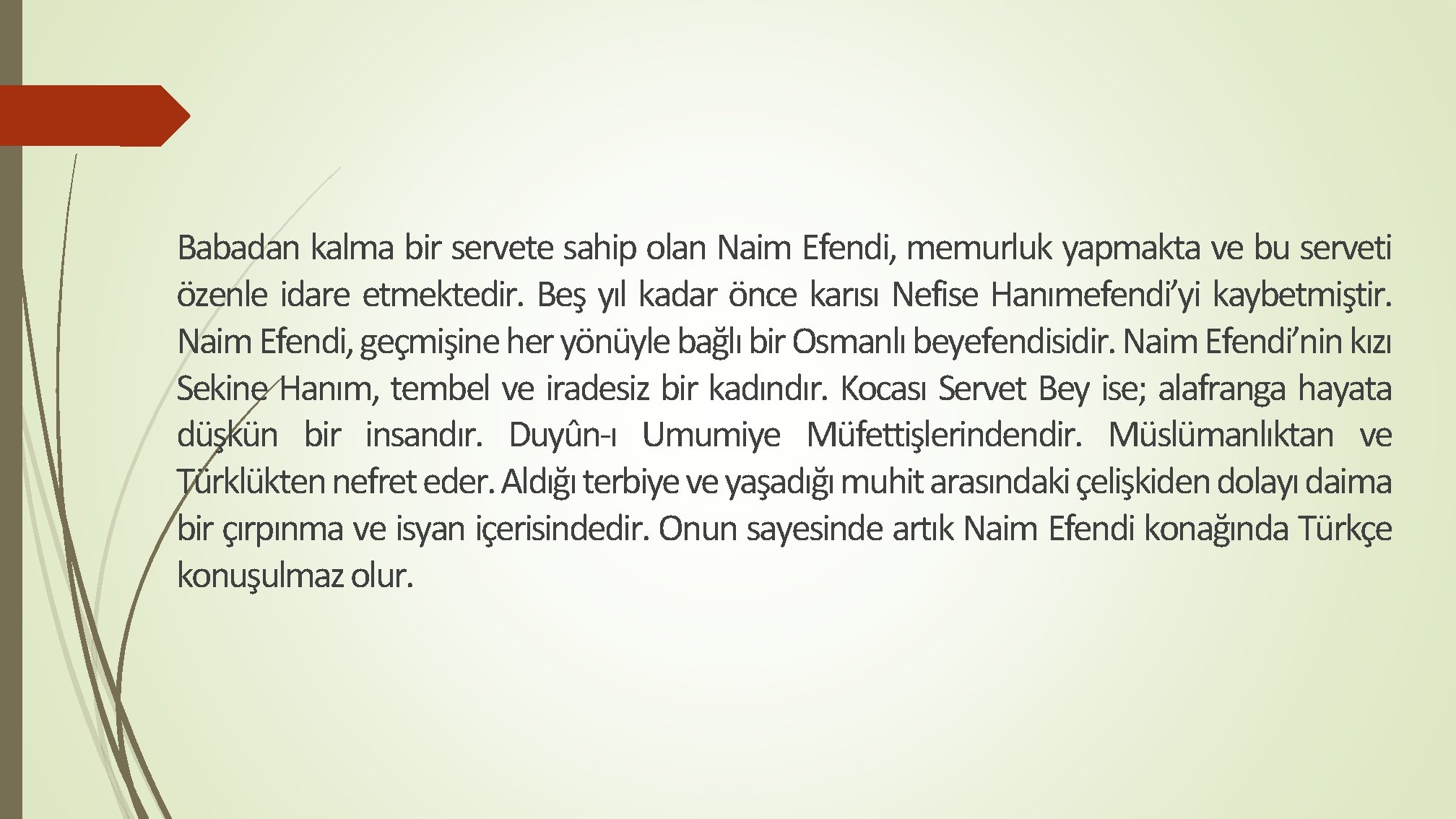 Babadan kalma bir servete sahip olan Naim Efendi, memurluk yapmakta ve bu serveti özenle