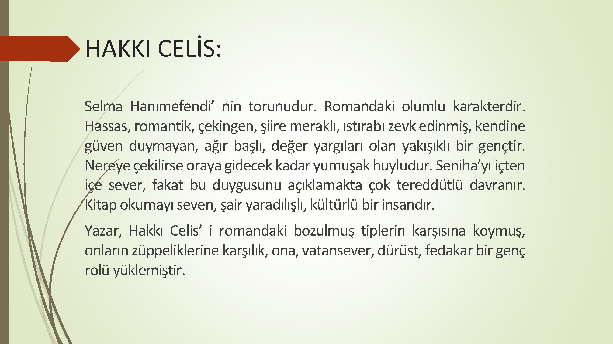 HAKKI CELİS: Selma Hanımefendi’ nin torunudur. Romandaki olumlu karakterdir. Hassas, romantik, çekingen, şiire meraklı,