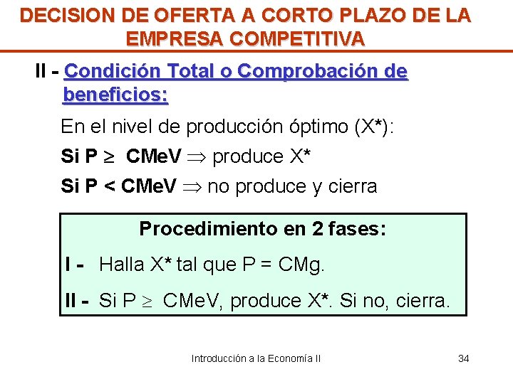 DECISION DE OFERTA A CORTO PLAZO DE LA EMPRESA COMPETITIVA II - Condición Total