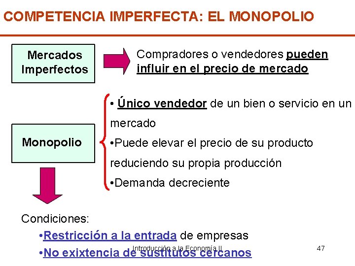 COMPETENCIA IMPERFECTA: EL MONOPOLIO Mercados Imperfectos Compradores o vendedores pueden influir en el precio