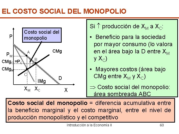 EL COSTO SOCIAL DEL MONOPOLIO P Si producción de XM a XC: Costo social