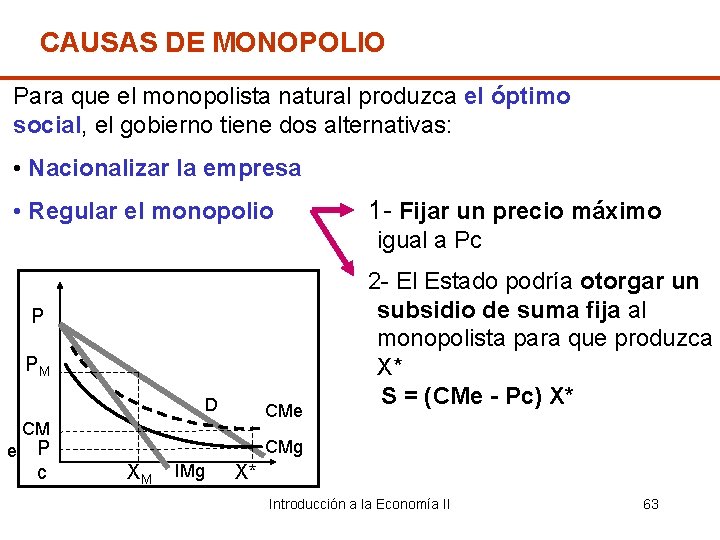 CAUSAS DE MONOPOLIO Para que el monopolista natural produzca el óptimo social, el gobierno
