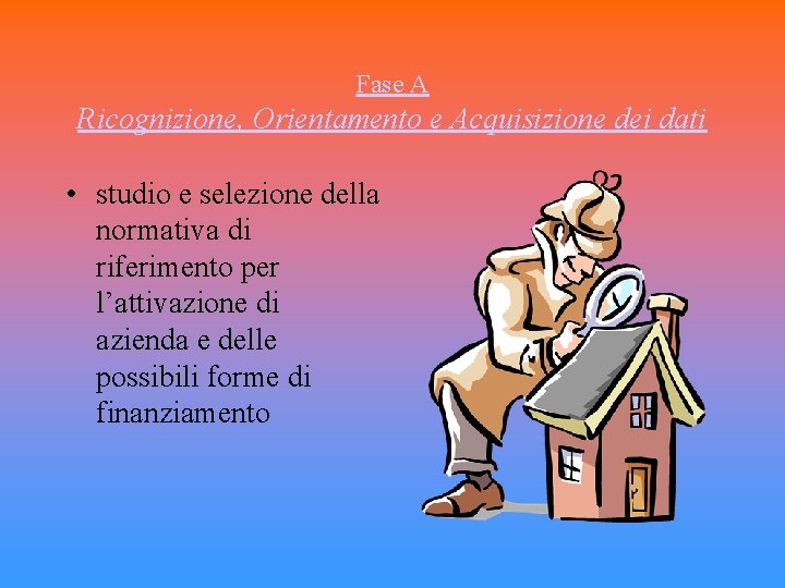 Fase A Ricognizione, Orientamento e Acquisizione dei dati • studio e selezione della normativa