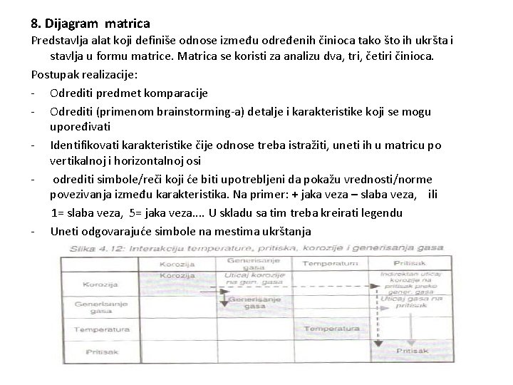 8. Dijagram matrica Predstavlja alat koji definiše odnose između određenih činioca tako što ih