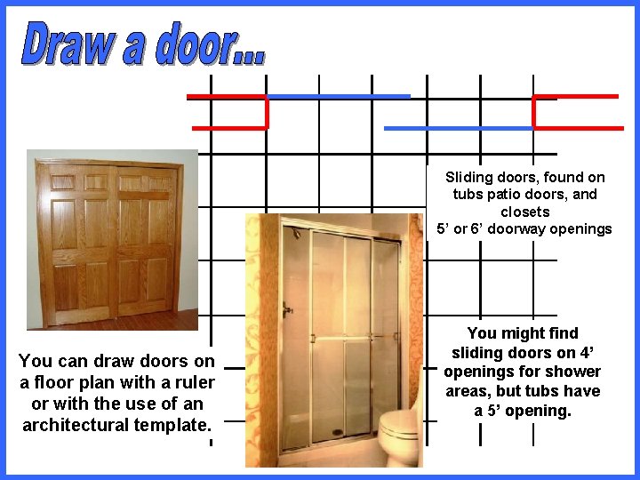 Sliding doors, found on tubs patio doors, and closets 5’ or 6’ doorway openings