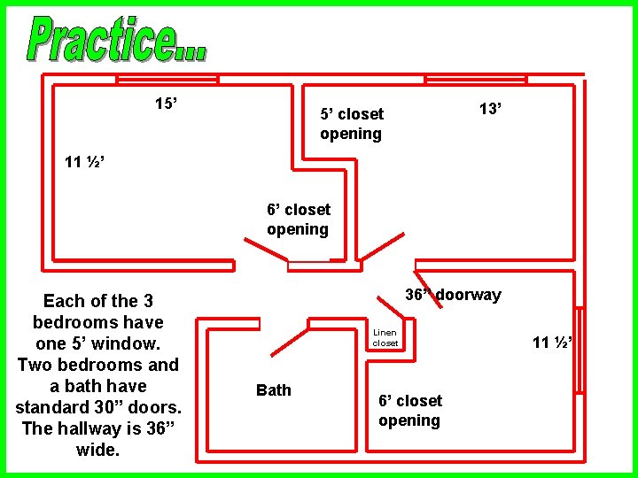 15’ 13’ 5’ closet opening 11 ½’ 6’ closet opening Each of the 3