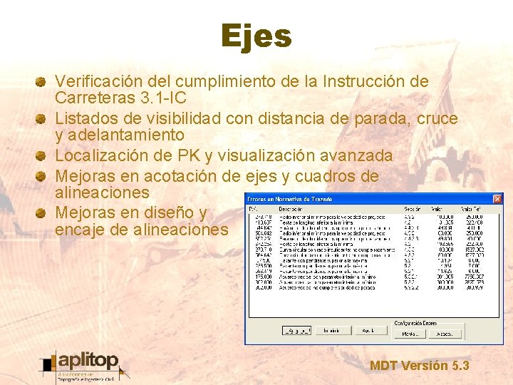 Ejes Verificación del cumplimiento de la Instrucción de Carreteras 3. 1 -IC Listados de
