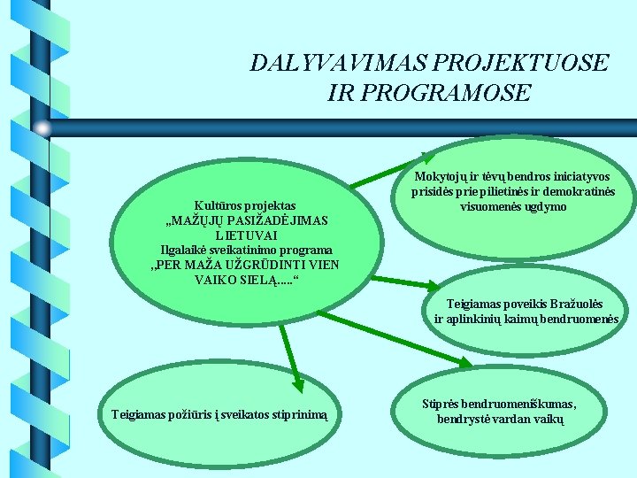 DALYVAVIMAS PROJEKTUOSE IR PROGRAMOSE Kultūros projektas , , MAŽŲJŲ PASIŽADĖJIMAS LIETUVAI Ilgalaikė sveikatinimo programa DALYVAVIMAS PROJEKTUOSE IR PROGRAMOSE Kultūros projektas , , MAŽŲJŲ PASIŽADĖJIMAS LIETUVAI Ilgalaikė sveikatinimo programa