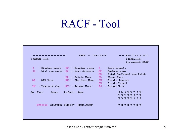 RACF - Tool -----------COMMAND ===> RACF - User List S CO - Display entry