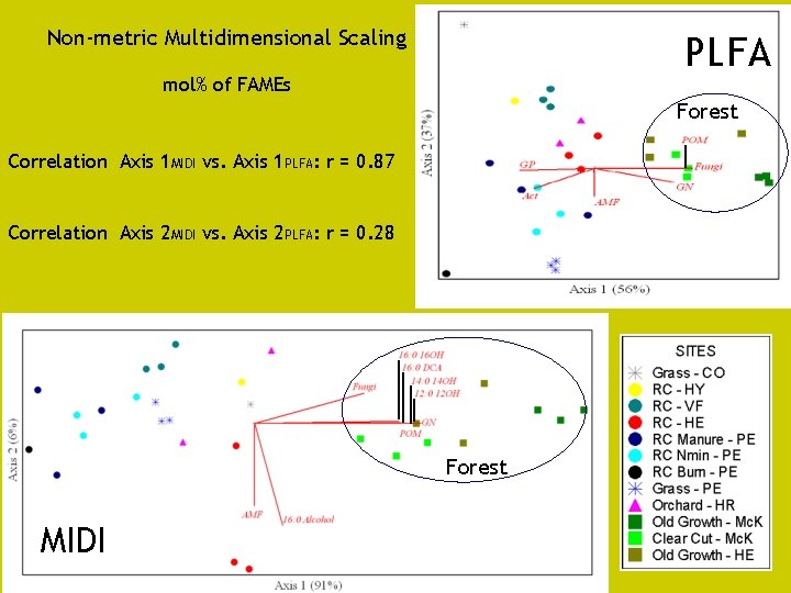 Non-metric Multidimensional Scaling PLFA mol% of FAMEs Forest Correlation Axis 1 MIDI vs. Axis