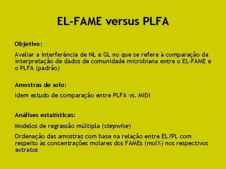 EL-FAME versus PLFA Objetivo: Avaliar a interferência de NL e GL no que se