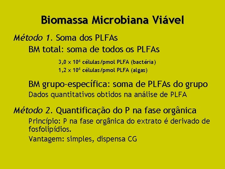 Biomassa Microbiana Viável Método 1. Soma dos PLFAs BM total: soma de todos os