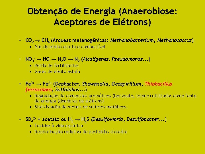 Obtenção de Energia (Anaerobiose: Aceptores de Elétrons) – CO 2 → CH 4 (Arqueas