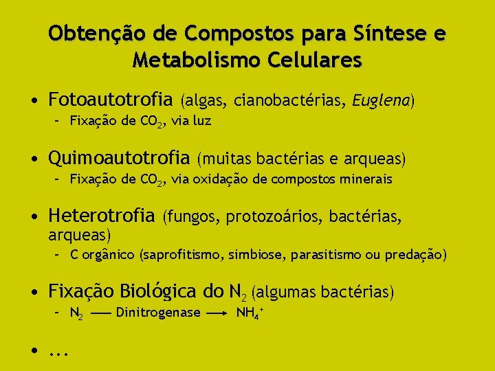 Obtenção de Compostos para Síntese e Metabolismo Celulares • Fotoautotrofia (algas, cianobactérias, Euglena) –