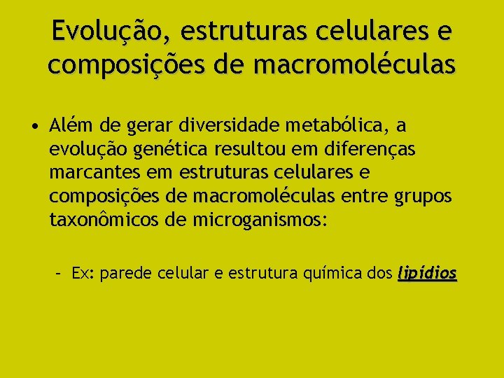 Evolução, estruturas celulares e composições de macromoléculas • Além de gerar diversidade metabólica, a