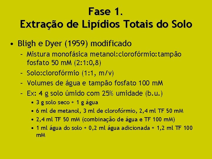 Fase 1. Extração de Lipídios Totais do Solo • Bligh e Dyer (1959) modificado