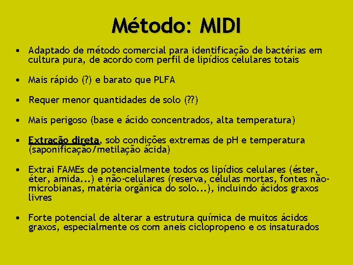 Método: MIDI • Adaptado de método comercial para identificação de bactérias em cultura pura,