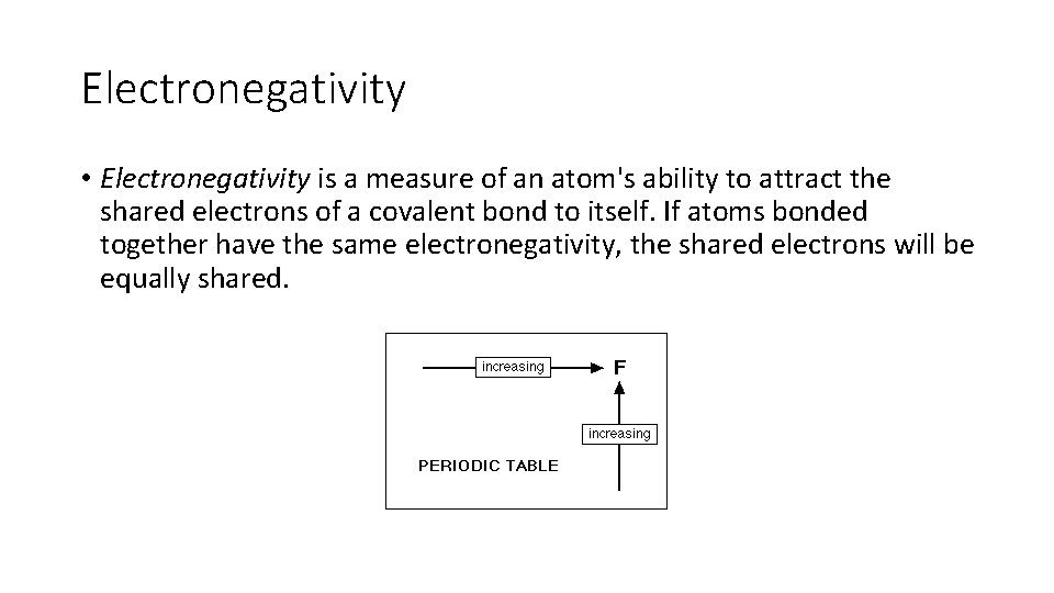 Electronegativity • Electronegativity is a measure of an atom's ability to attract the shared