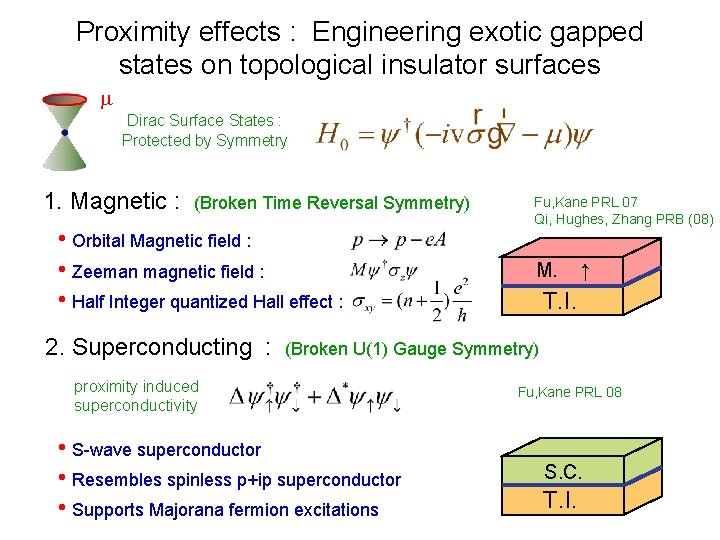 Proximity effects : Engineering exotic gapped states on topological insulator surfaces m Dirac Surface
