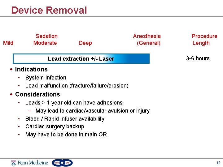 Device Removal Mild Sedation Moderate Deep Anesthesia (General) Lead extraction +/- Laser Procedure Length