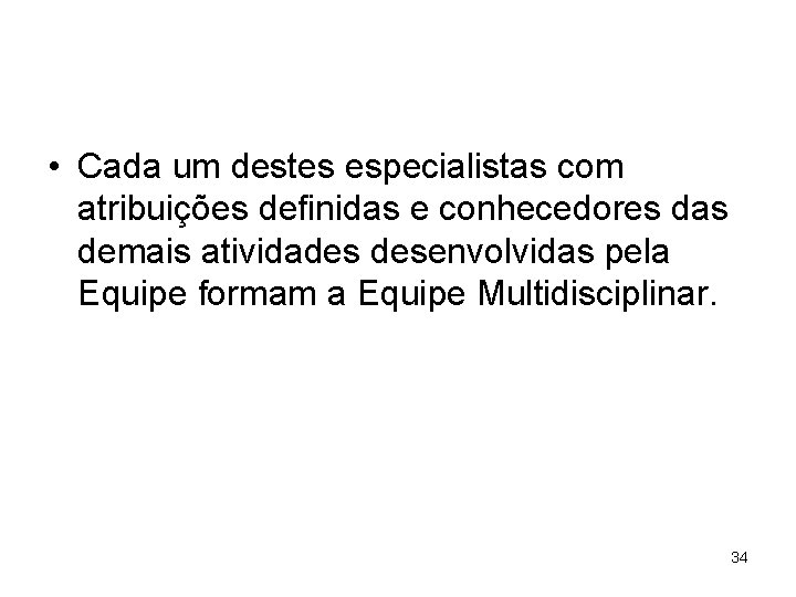  • Cada um destes especialistas com atribuições definidas e conhecedores das demais atividades