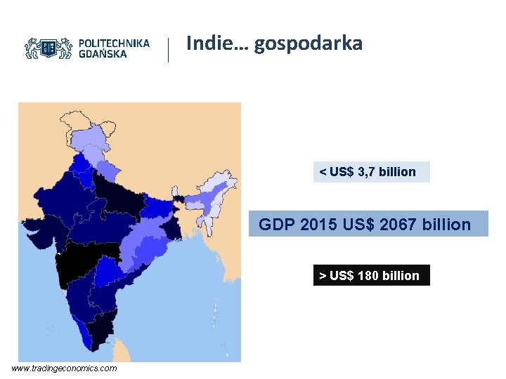Indie… gospodarka < US$ 3, 7 billion GDP 2015 US$ 2067 billion > US$