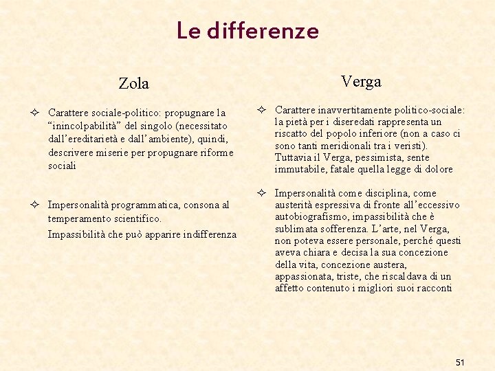 Le differenze Zola Verga ² Carattere sociale-politico: propugnare la “inincolpabilità” del singolo (necessitato dall’ereditarietà