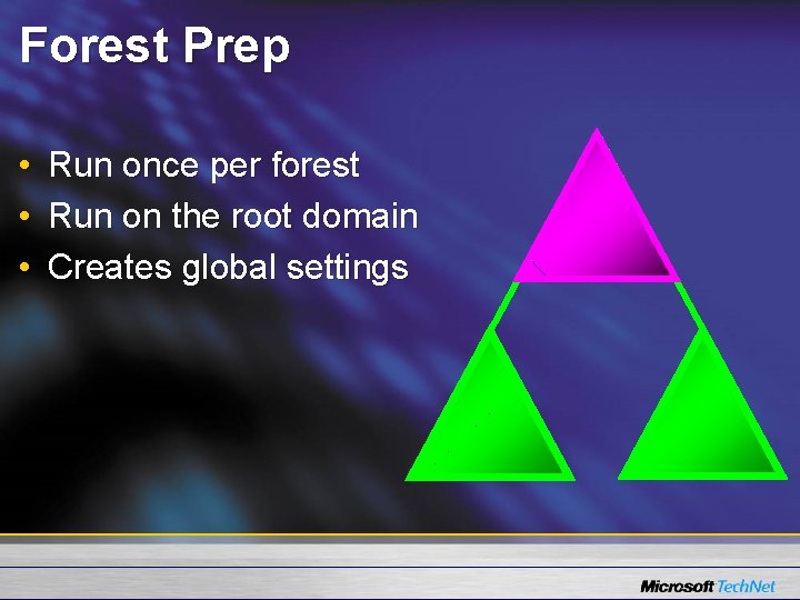 Forest Prep • • • Run once per forest Run on the root domain