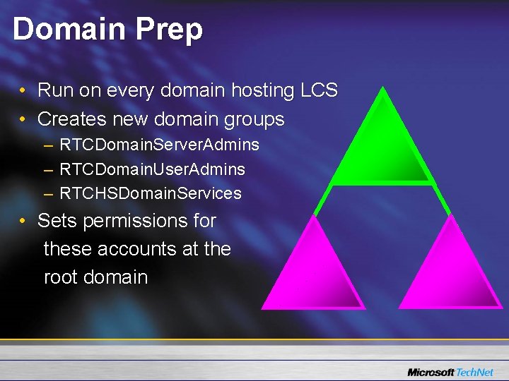 Domain Prep • Run on every domain hosting LCS • Creates new domain groups