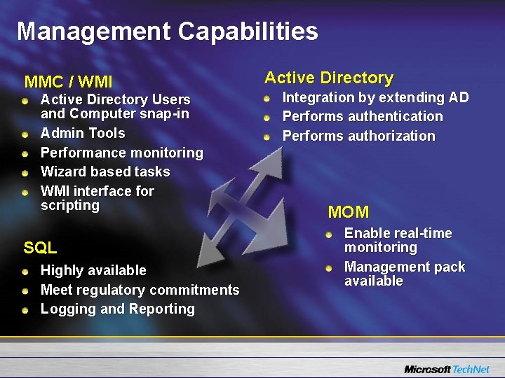 Management Capabilities MMC / WMI Active Directory Users and Computer snap-in Admin Tools Performance