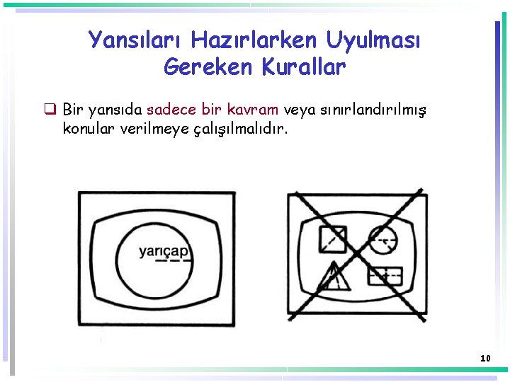 Yansıları Hazırlarken Uyulması Gereken Kurallar q Bir yansıda sadece bir kavram veya sınırlandırılmış konular