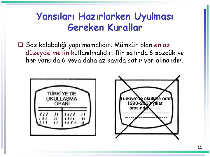 Yansıları Hazırlarken Uyulması Gereken Kurallar q Söz kalabalığı yapılmamalıdır. Mümkün olan en az düzeyde