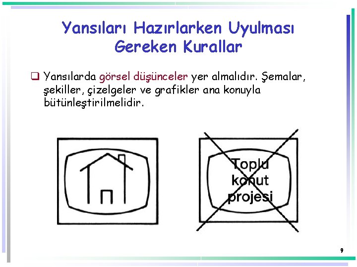 Yansıları Hazırlarken Uyulması Gereken Kurallar q Yansılarda görsel düşünceler yer almalıdır. Şemalar, şekiller, çizelgeler Yansıları Hazırlarken Uyulması Gereken Kurallar q Yansılarda görsel düşünceler yer almalıdır. Şemalar, şekiller, çizelgeler