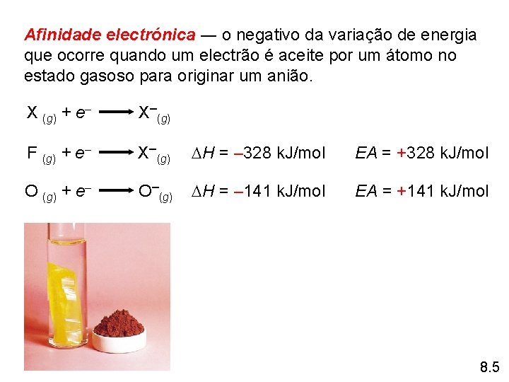 Afinidade electrónica ― o negativo da variação de energia que ocorre quando um electrão Afinidade electrónica ― o negativo da variação de energia que ocorre quando um electrão
