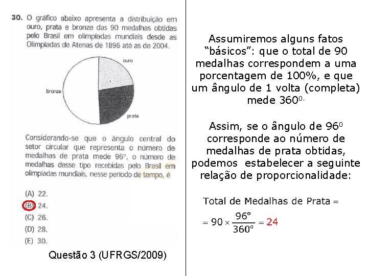 Assumiremos alguns fatos “básicos”: que o total de 90 medalhas correspondem a uma porcentagem