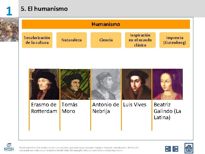 1 5. El humanismo Humanismo Secularización de la cultura Naturaleza Erasmo de Tomás Rotterdam