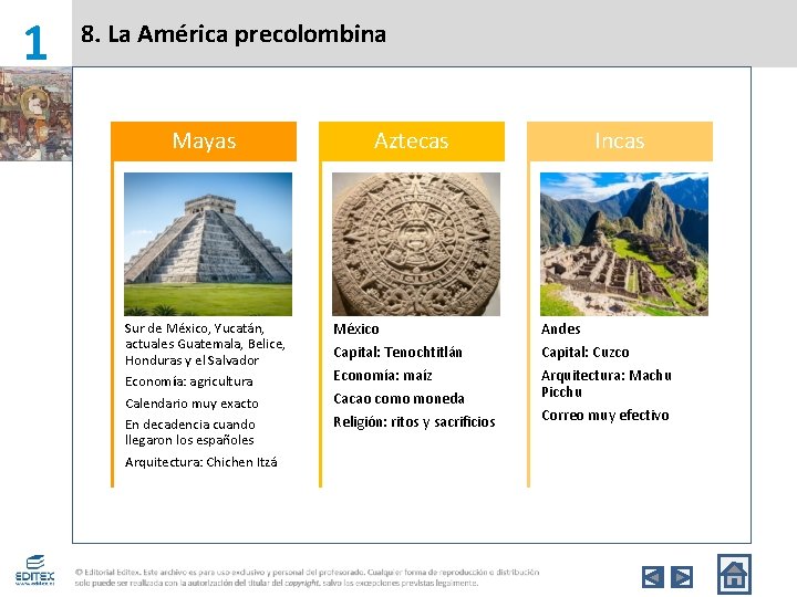 1 8. La América precolombina Mayas Sur de México, Yucatán, actuales Guatemala, Belice, Honduras