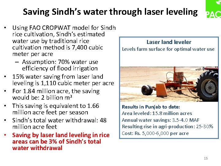 Saving Sindh’s water through laser leveling • Using FAO CROPWAT model for Sindh rice