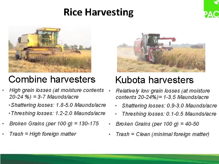 Rice Harvesting Combine harvesters Kubota harvesters • High grain losses (at moisture contents •