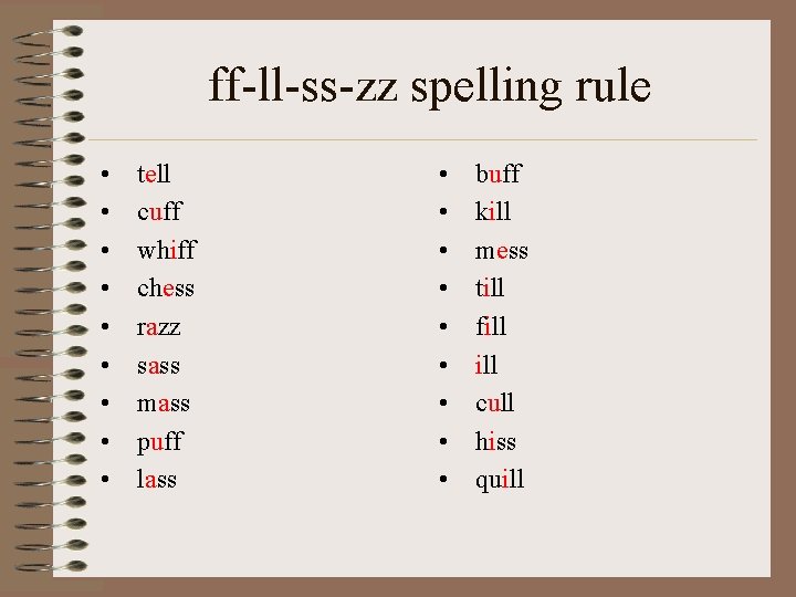 ff-ll-ss-zz spelling rule • • • tell cuff whiff chess razz sass mass puff