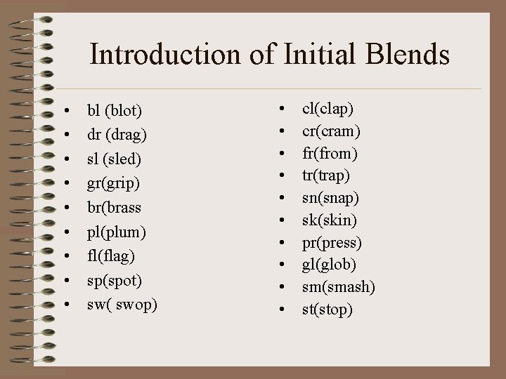 Introduction of Initial Blends • • • bl (blot) dr (drag) sl (sled) gr(grip)