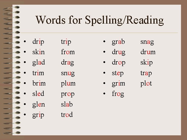 Words for Spelling/Reading • • drip skin glad trim brim sled glen grip trip
